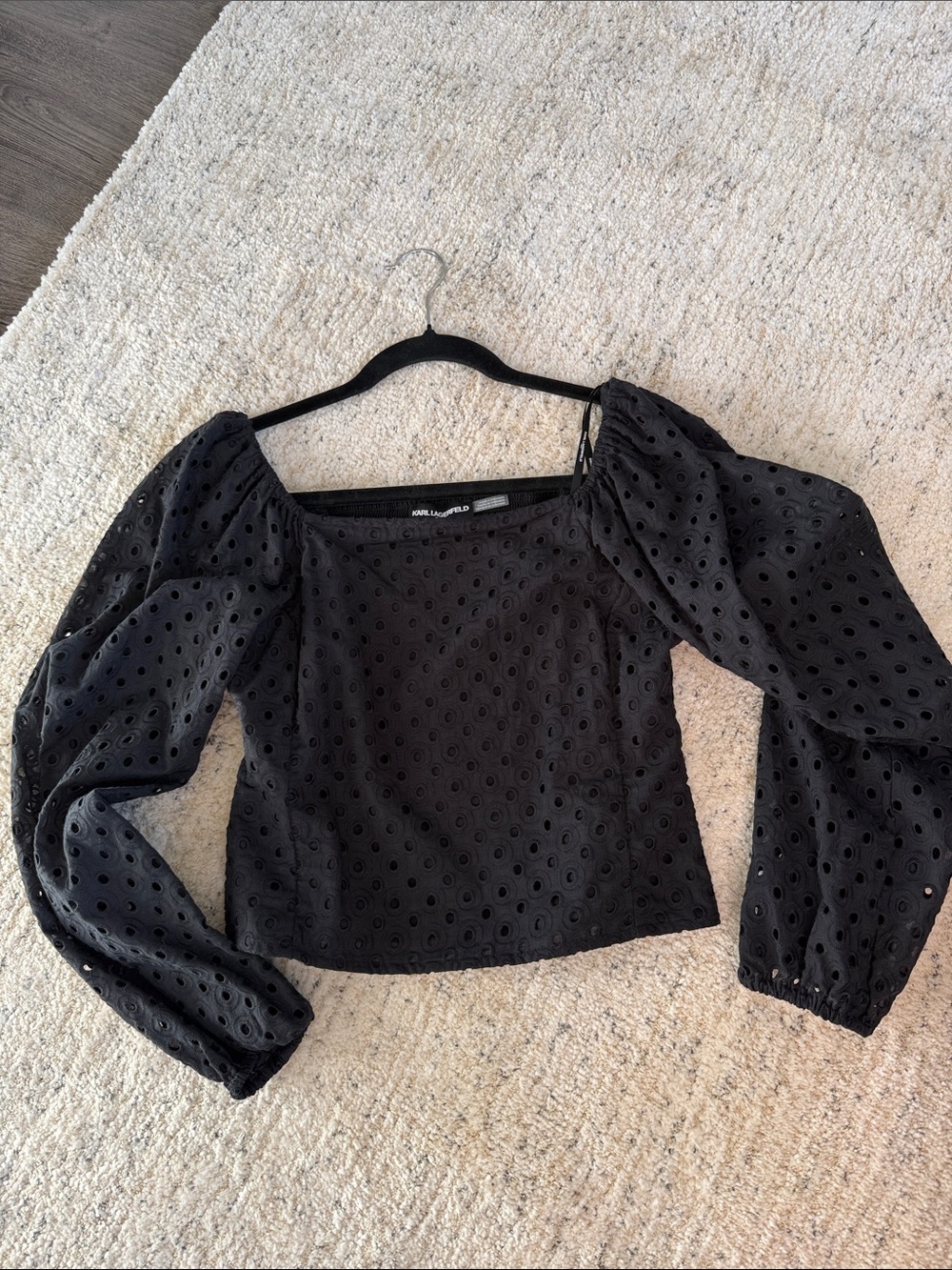 Kendall & Kylie Black Eyelet Puff-Sleeve Square Neck Crop Top